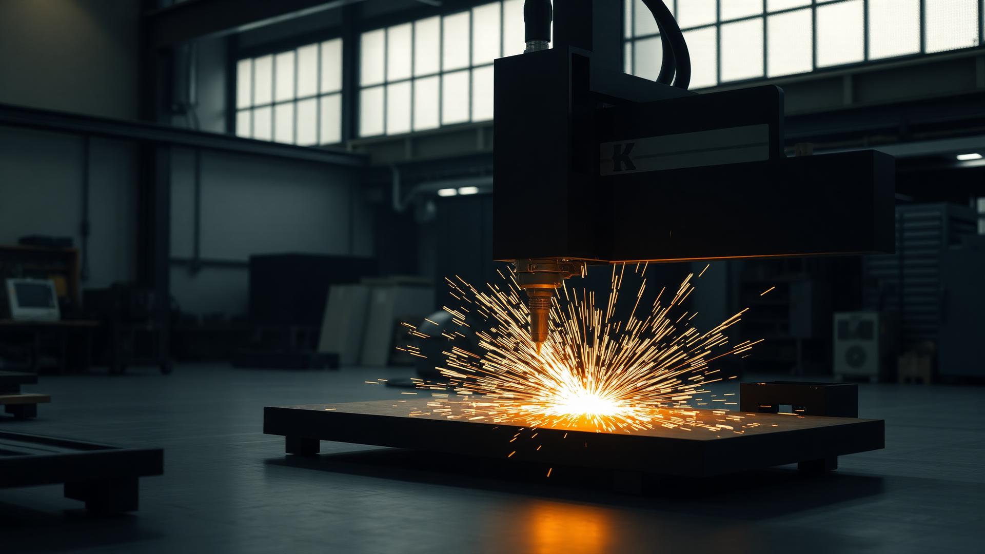Industrial CNC fiber laser cutting thick steel plate with sparks in a fabrication shop