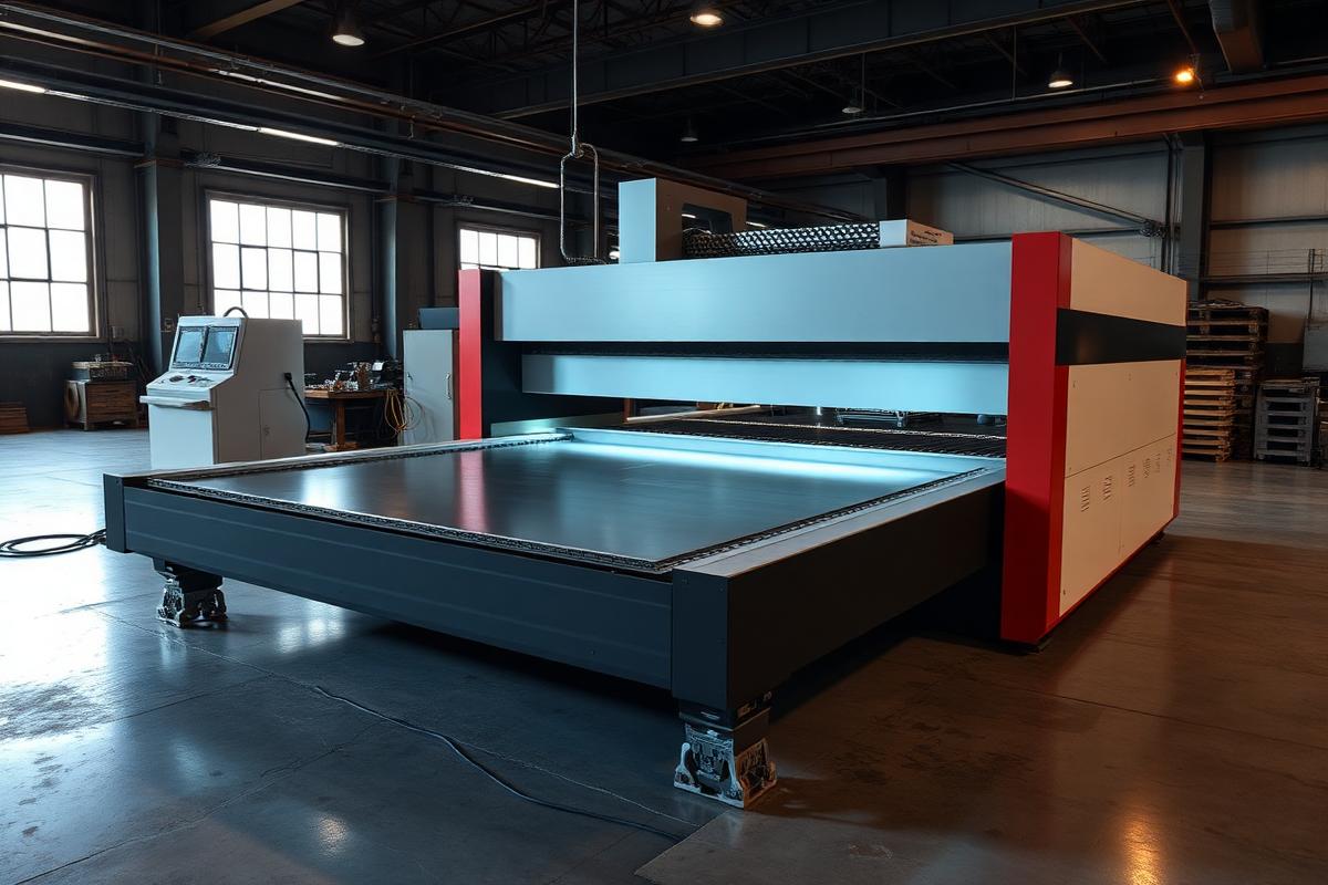 Flatbed fiber laser cutting machine cutting steel sheet on an open bed
