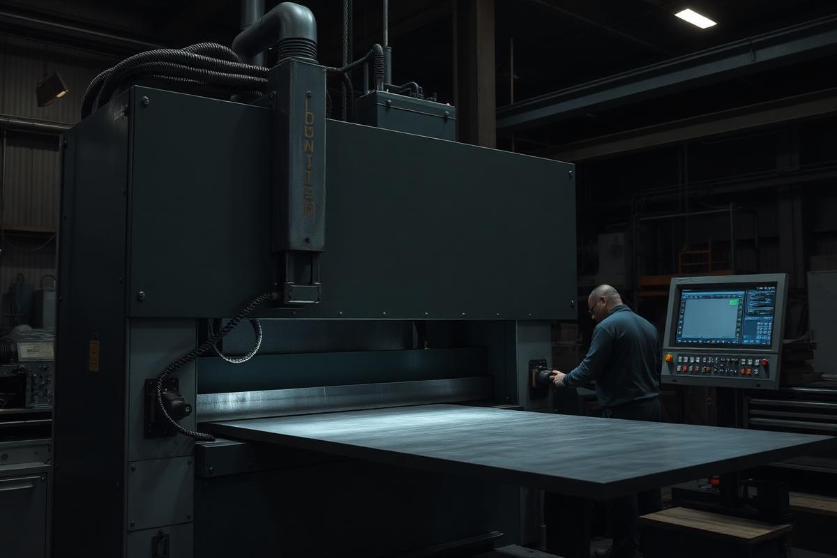 CNC press brake bending a steel sheet with an operator at the control screen