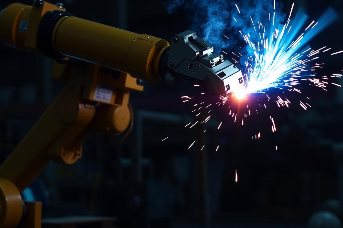 Robotic welding arm laser welding a steel assembly with a bright arc