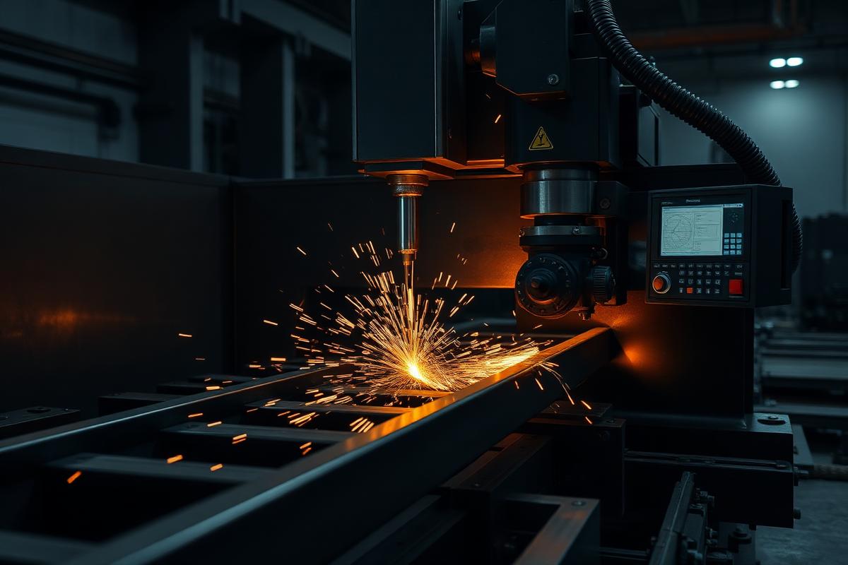 CNC tube laser cutting a length of square steel tube with sparks