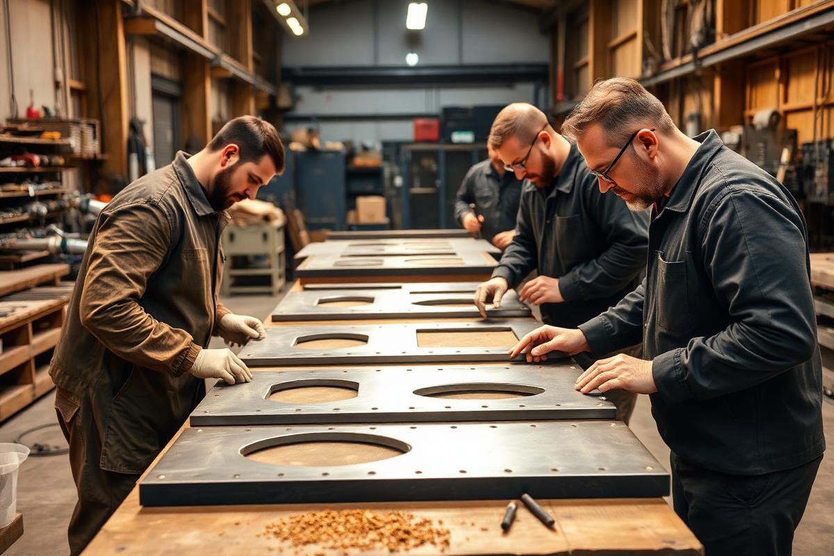 Fabrication technicians inspecting laser-cut steel parts on a shop workbench